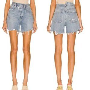 Agolde Criss Cross Distressed Denim Button Fly‎ High Rise Shorts Size 30